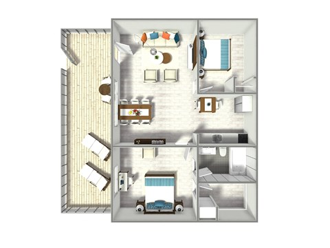 Floor plan for 2 beds, 1 bath, 886 sqft